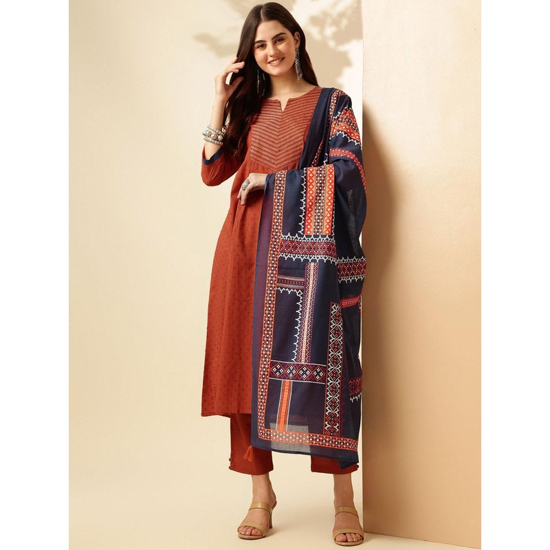Anouk Ethnic Motifs Panelled Pure Cotton Kurta with Trousers & With Dupatta