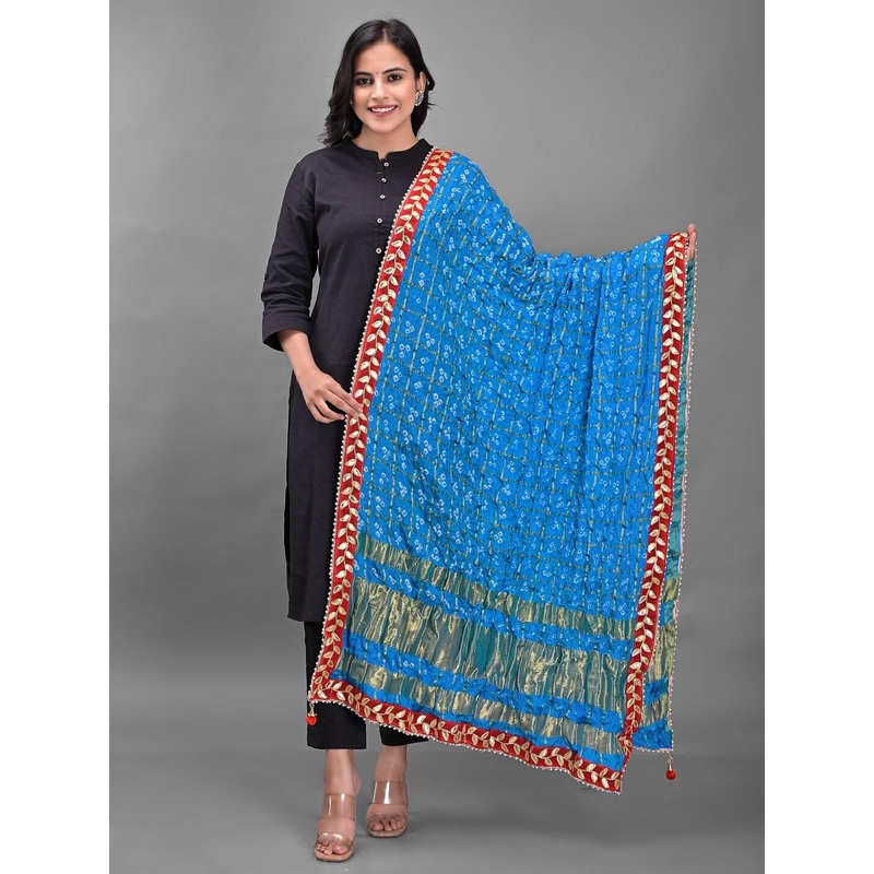 Apratim Turquoise Blue & Red Dyed Art Silk Bandhani Dupatta with Gotta Patti