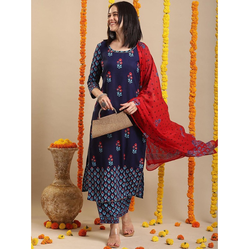 GoSriKi Ethnic Motifs Printed Straight Kurta with Palazzos & Dupatta