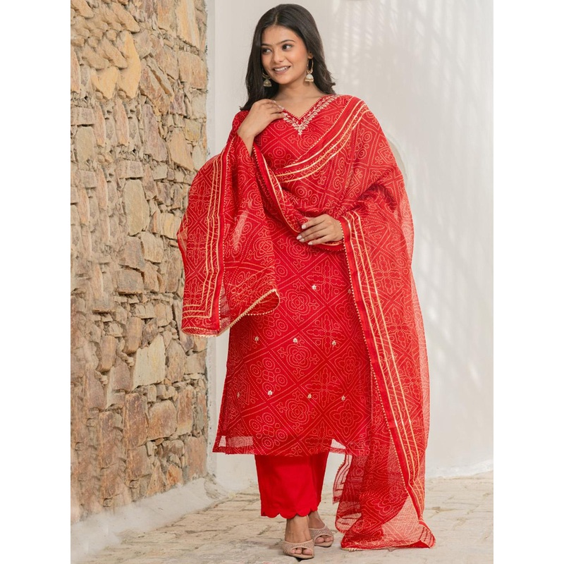 GoSriKi Women Bandhani Printed Kurta with Trousers & Dupatta