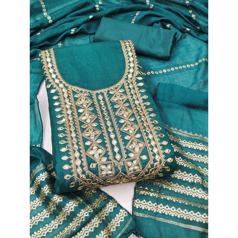 Green Barbari Silk Embroidery Work Unstitched Dress Material