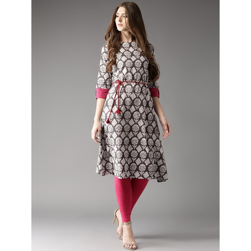 HERE&NOW Grey & White Ethnic Motifs Printed Cotton Kurta