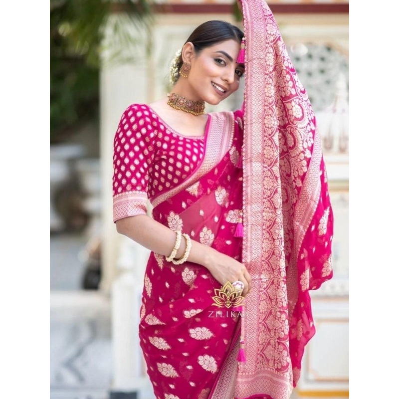 HERE&NOW Woven Design Zari Banarasi Saree With Blouse