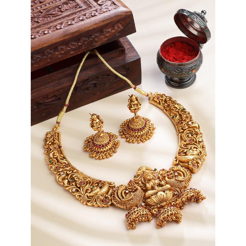 PANASH Gold-Plated Red & Green Stone-Studded Temple Jewellery Set
