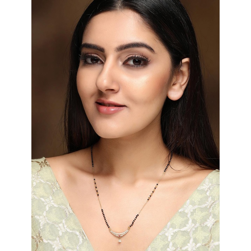 Rubans 18K Gold Plated AD & CZ Studded with Gold & Black Beads Mangalsutra Necklace
