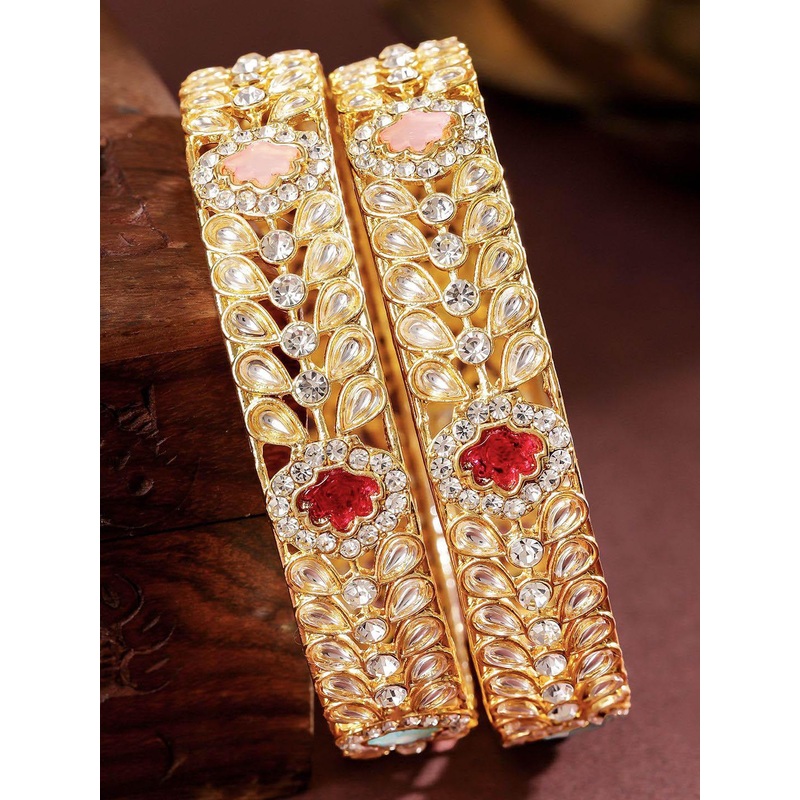 Rubans Set of 2 18K Gold-Plated Kundan & Multi-Colour Cubic Zirconia Stone Floral Bangles