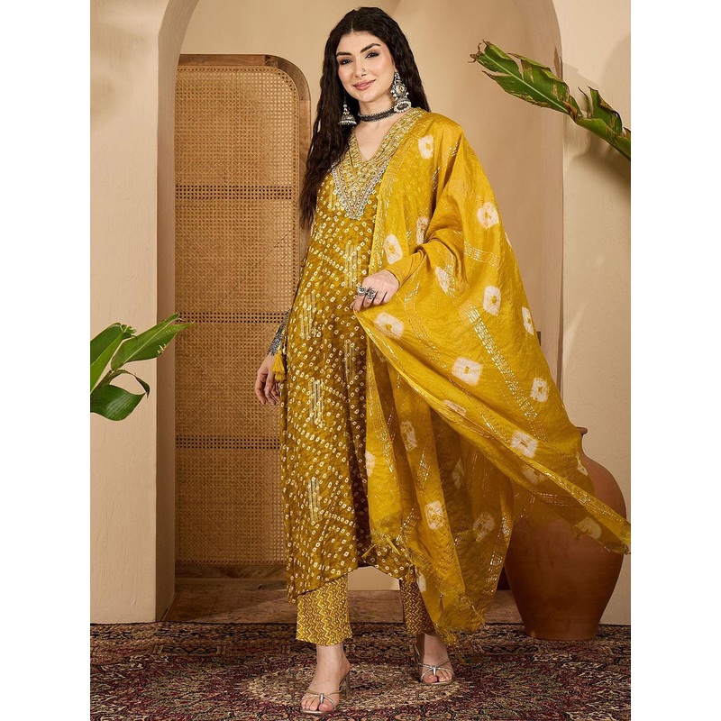 Sangria Bandhej Printed & Embroidered V-Neck A-Line Kurta & Trousers With Dupatta