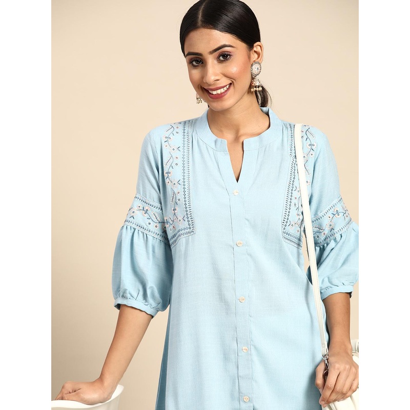 Sangria Blue Embroidered Detail A-Line Top