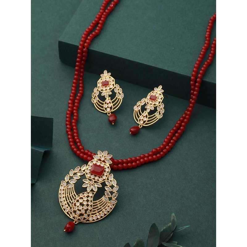 Saraf RS Jewellery Gold-Plated Red & White AD Studded & Beaded Jewellery Set