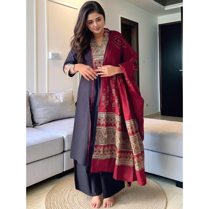 SZN Ethnic Motifs Embroidered V-Neck Empire Straight Kurta With Palazzos & Dupatta