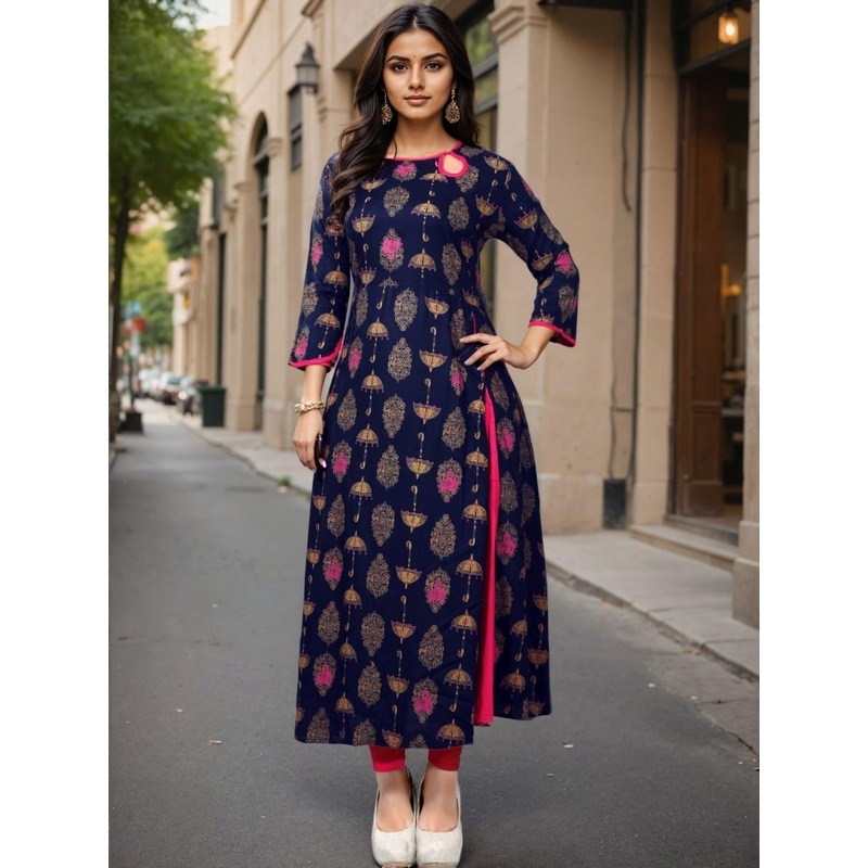 SZN Women Blue Viscose Rayon Geometric Printed Keyhole Neck Kurta