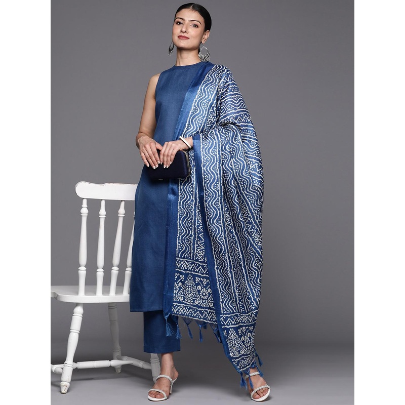 Varanga Blue Sleeveless Halter Neck Straight Kurta with Trouser & Bandhani Printed Dupatta