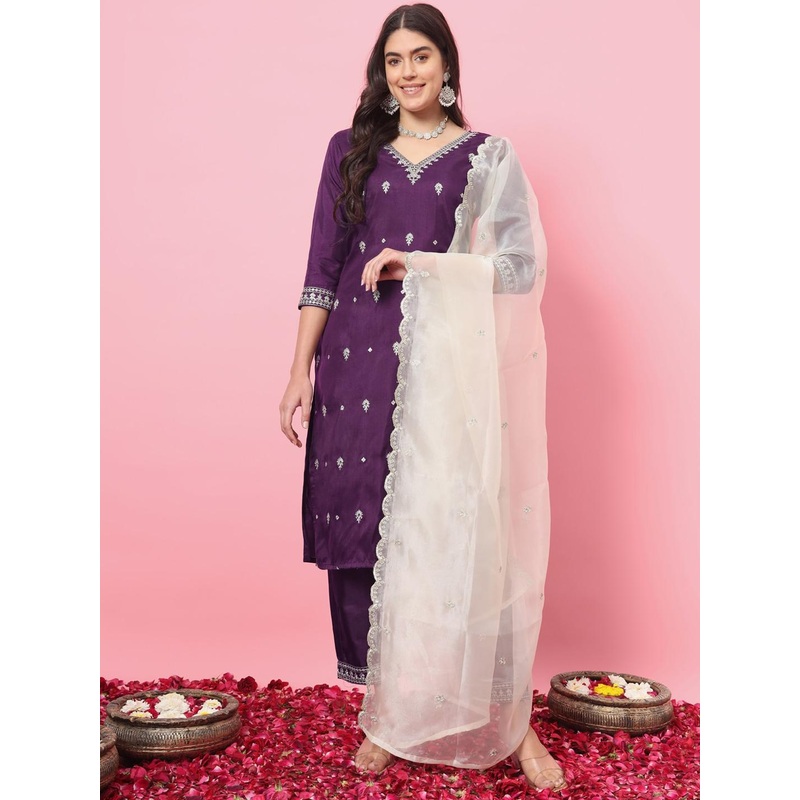 VredeVogel Ethnic Motifs Embroidered Thread Work Straight Kurta With Trousers & Dupatta