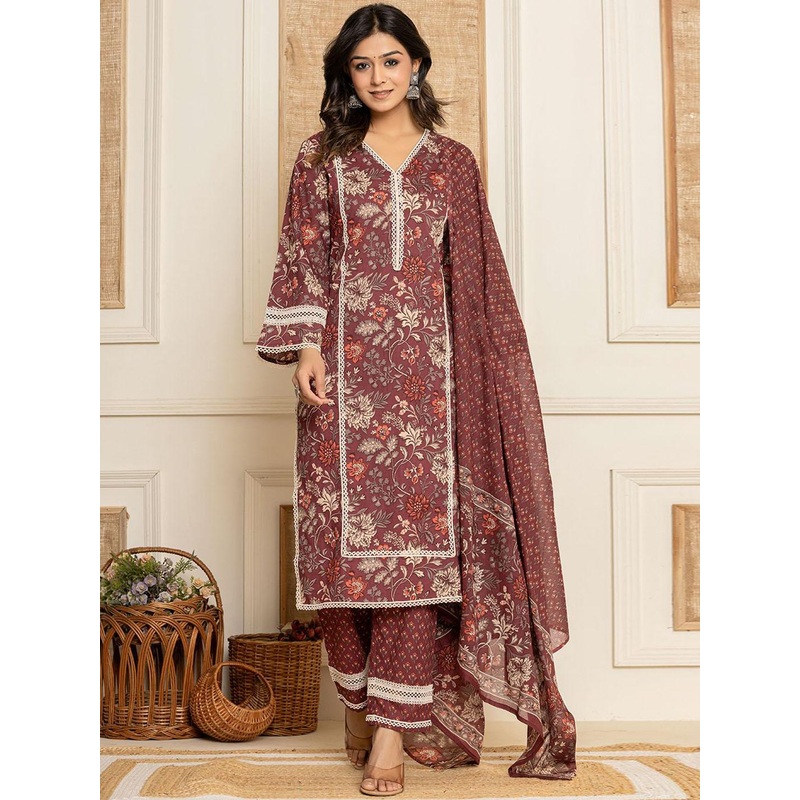 Yufta Floral Printed Thread Work Pure Cotton Straight Kurta With Trousers & Dupatta