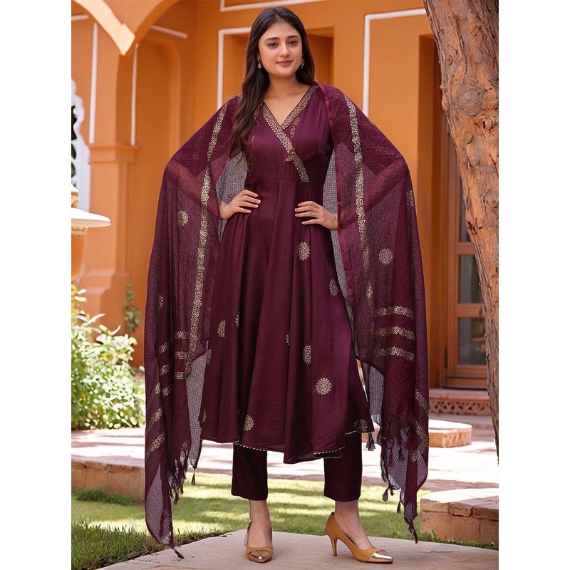 Aaghnya Floral Printed V-Neck Anarkali Kurta With Trousers & Dupatta