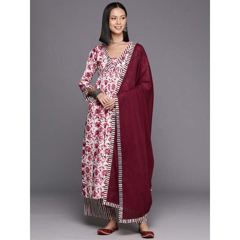 all about you Women Floral Printed Cotton Kurta with Palazzo & Dupatta