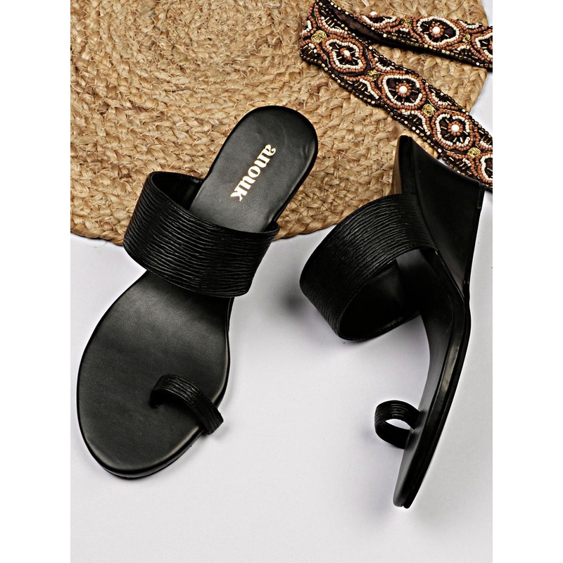 Anouk Black Embellished Open Toe Wedge Heels