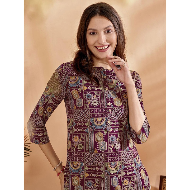 Anouk Burgundy Ethnic Motifs Printed Mandarin Collar Kurta
