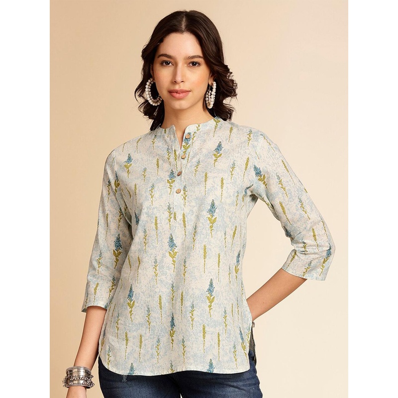 Anouk Off White Botanical Printed Mandarin Collar Pure Cotton Short Kurti