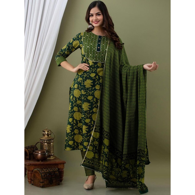Anouk Rustic Women Floral Printed Gotta Patti Pure Cotton Kurta with Trousers & Dupatta