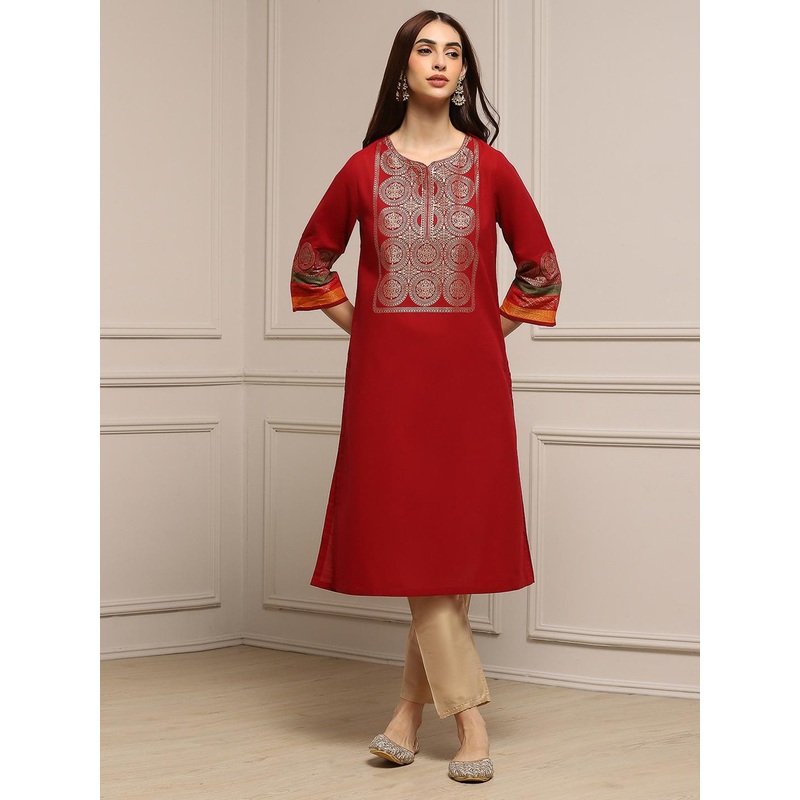 Biba Ethnic Motifs Yoke Design Thread Work Pure Cotton Straight Kurta