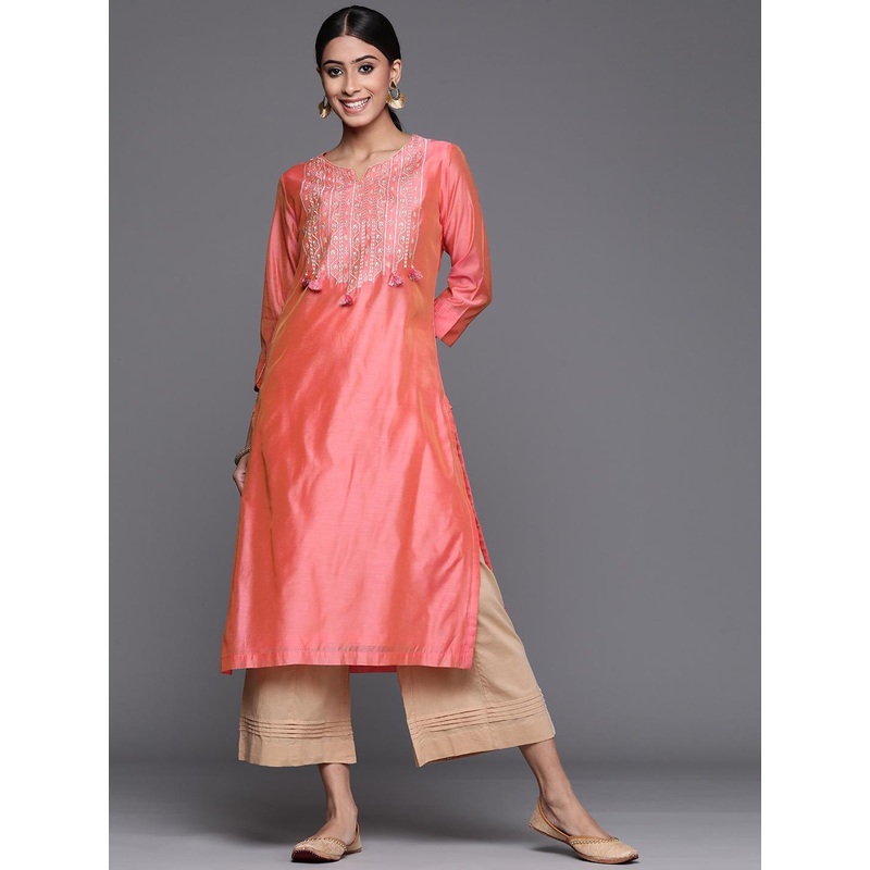 Biba Women Coral Pink & Golden Embroidered Yoke Straight Kurta