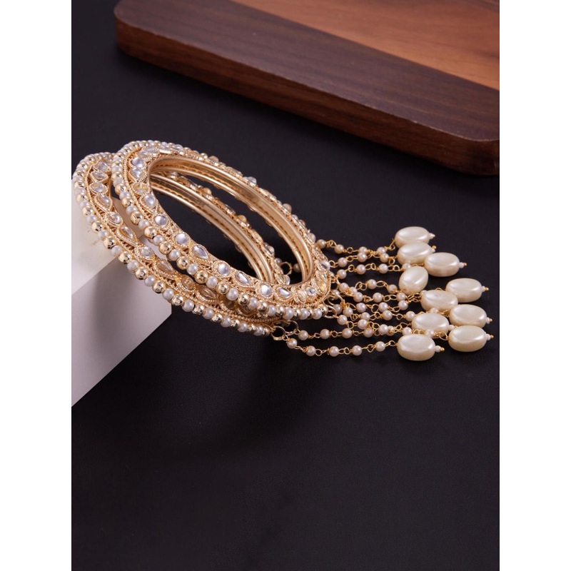 GC PREMIUM JEWELLERY Set Of 2 Kundan-Studded & Beaded Bangles