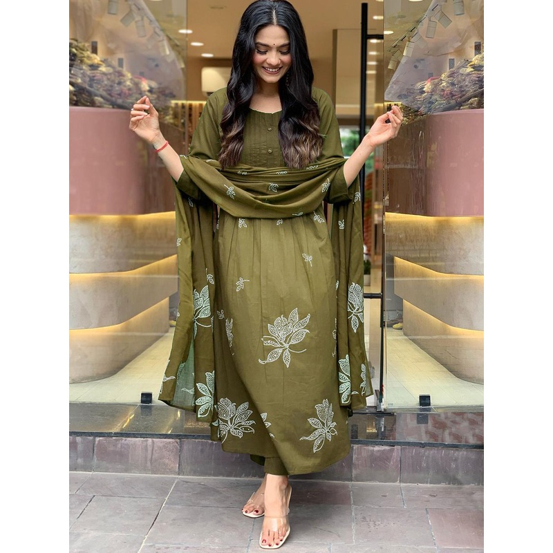 GoSriKi Floral Printed Pleated Round Neck Anarkali Kurta With Trousers & Dupatta