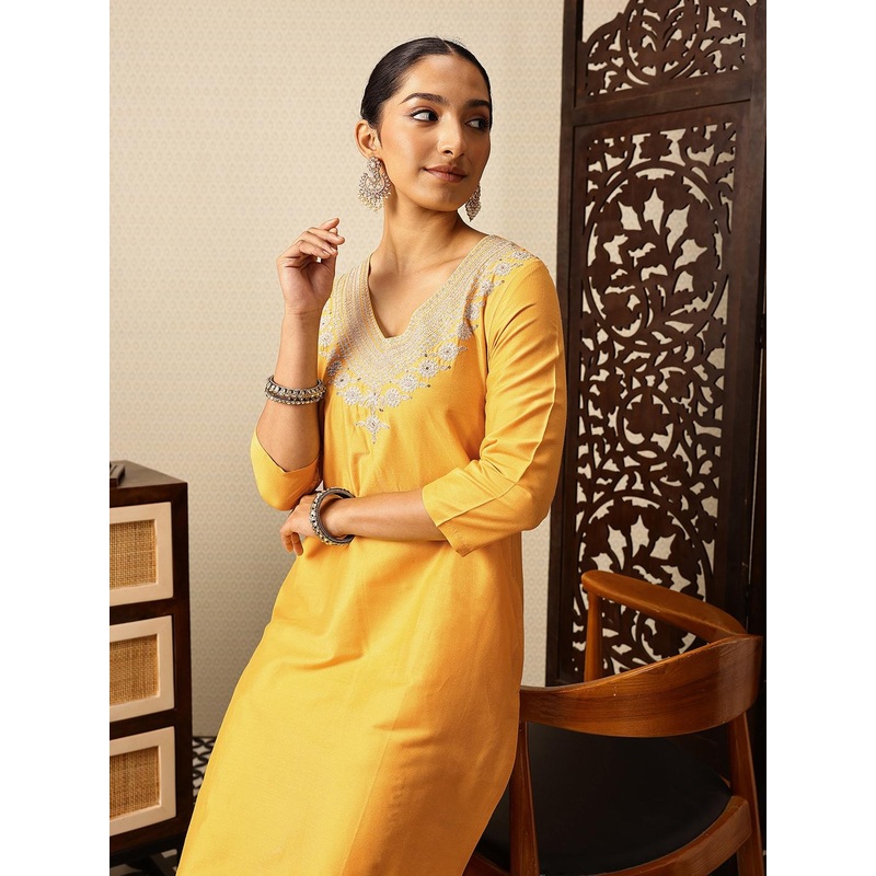 House of Pataudi V-Neck Embroidered Rozana Kurta