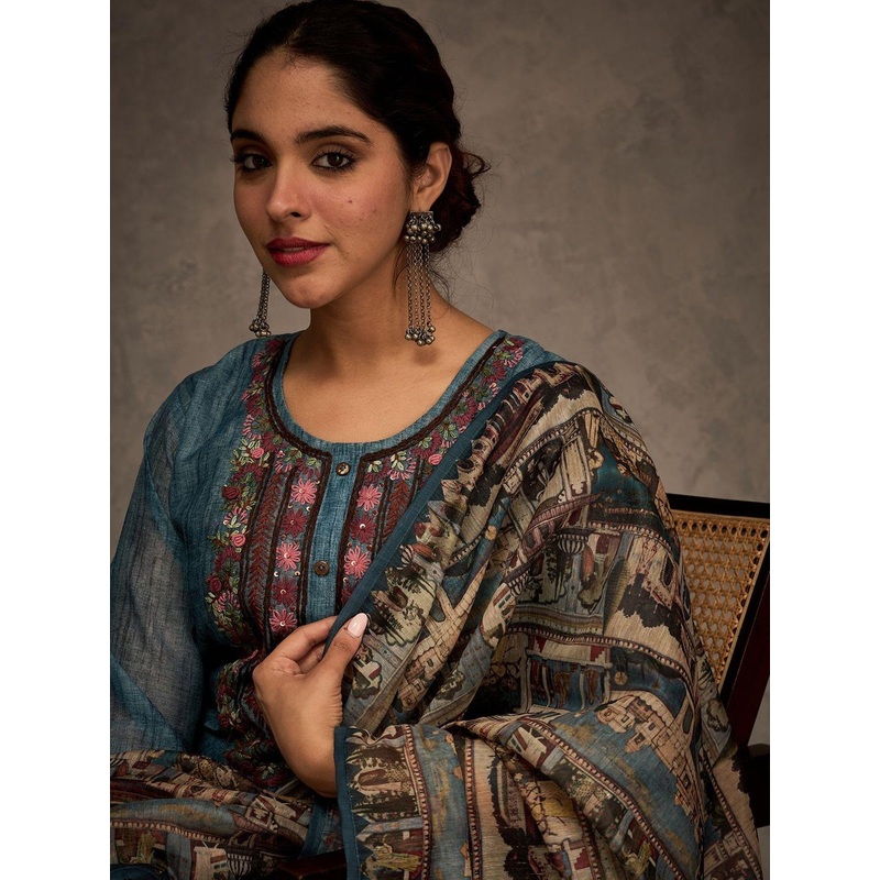 Indo Era Ethnic Motifs Embroidered Chanderi Cotton Kurta & Trousers With Dupatta