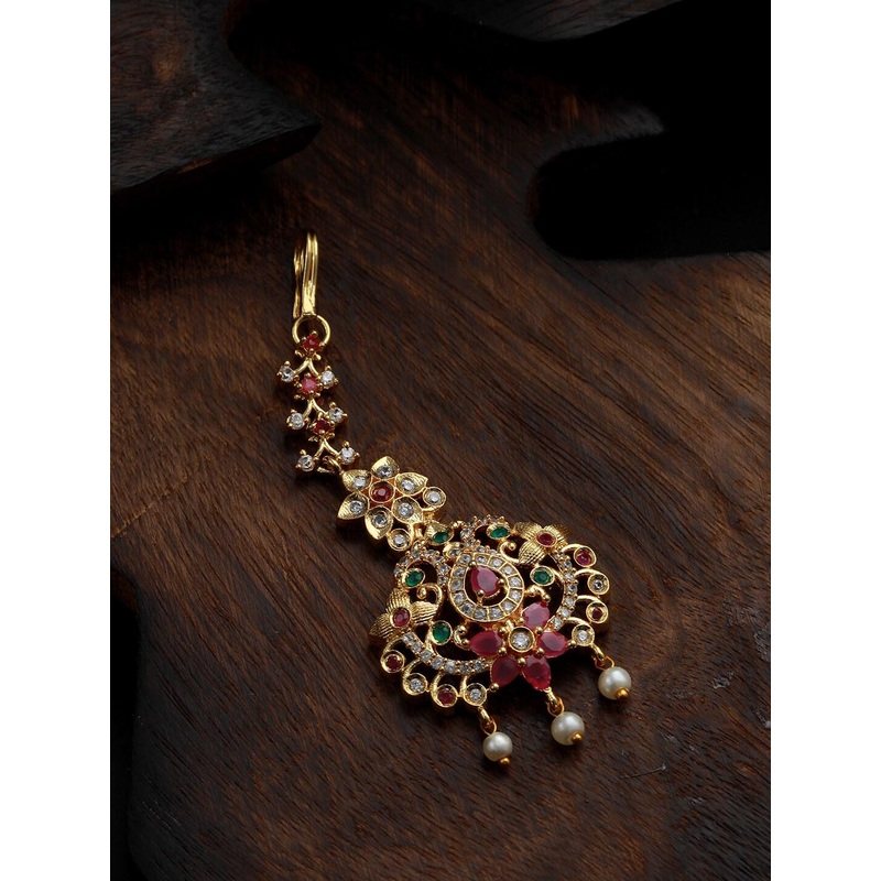 Jazz and Sizzle Gold-Plated American Diamond-Studded & Beaded Maang Tikka