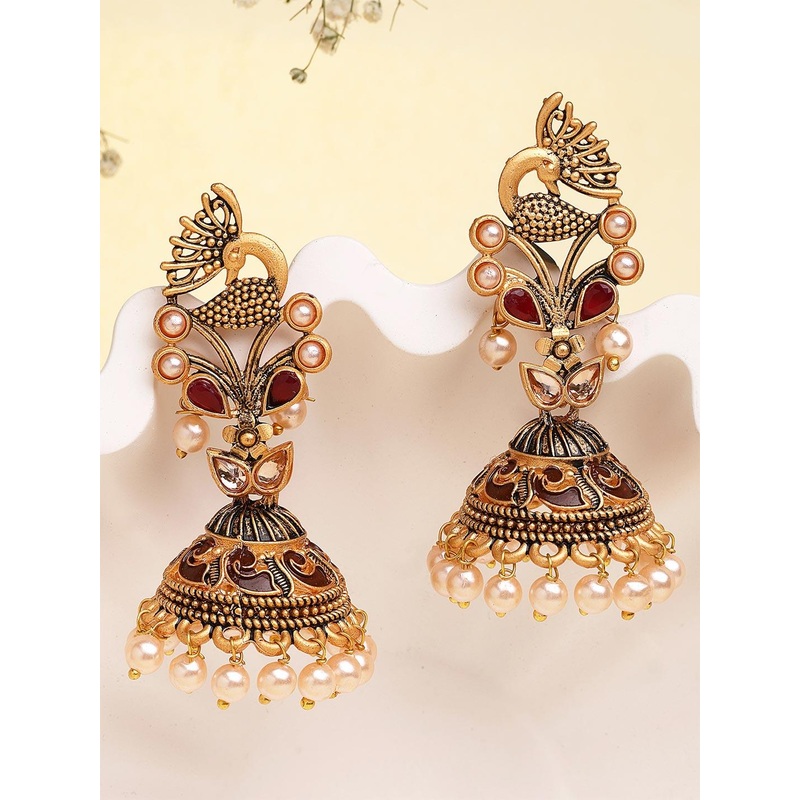 KARATCART Gold-Plated & Maroon Stone Studded Peacock Shape Jhumkas Earrings