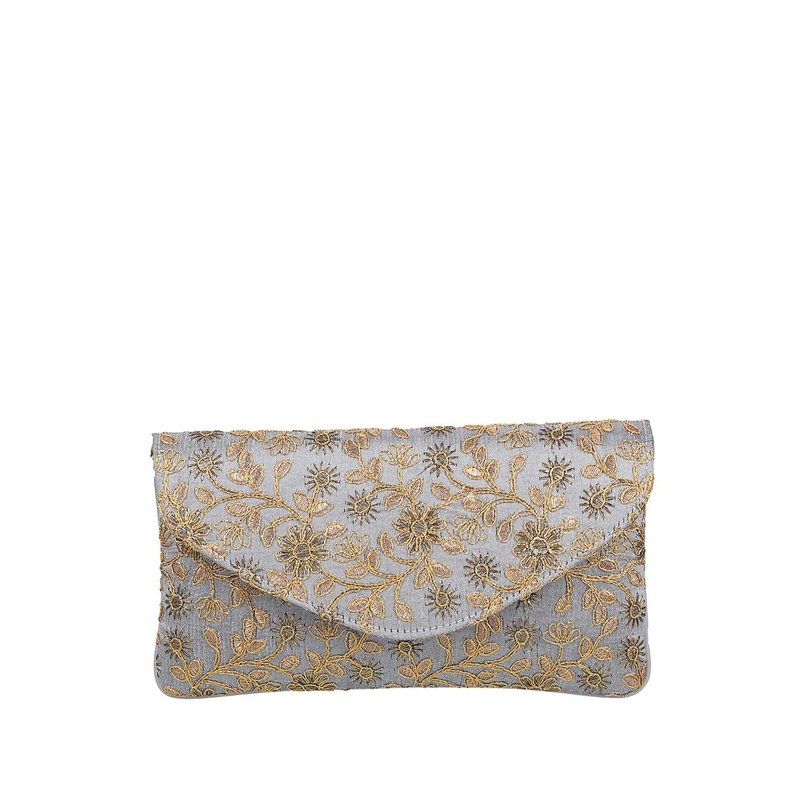 Metro Grey & Gold-Toned Embroidered Envelope Clutch