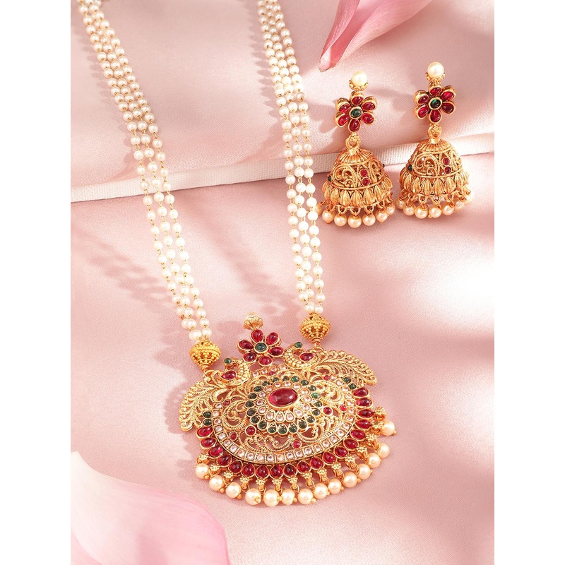 Rubans 22K Gold Plated Ruby Emerald & Cubic Zirconia Studded Pearl Beaded Jewellery Set