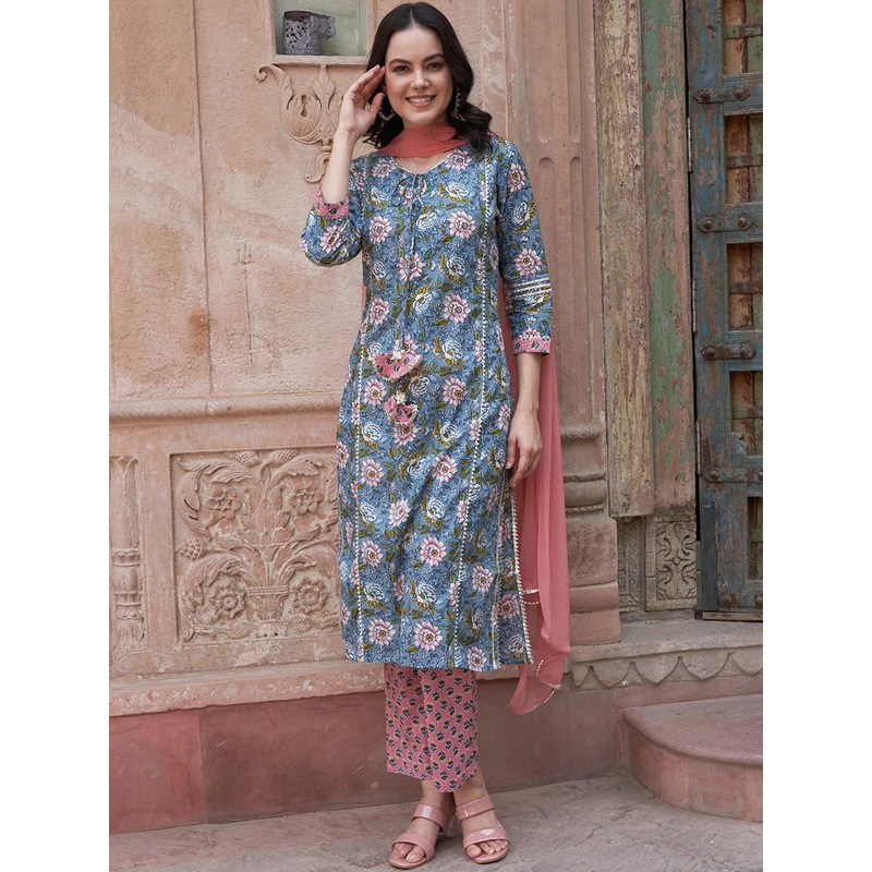 Sangria Blue Floral Printed Gotta Patti Pure Cotton Kurta with Trousers & Dupatta