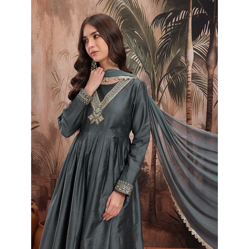 Sangria Yoke Thread Work Design Round Neck A-Line Kurta Set with Dupatta