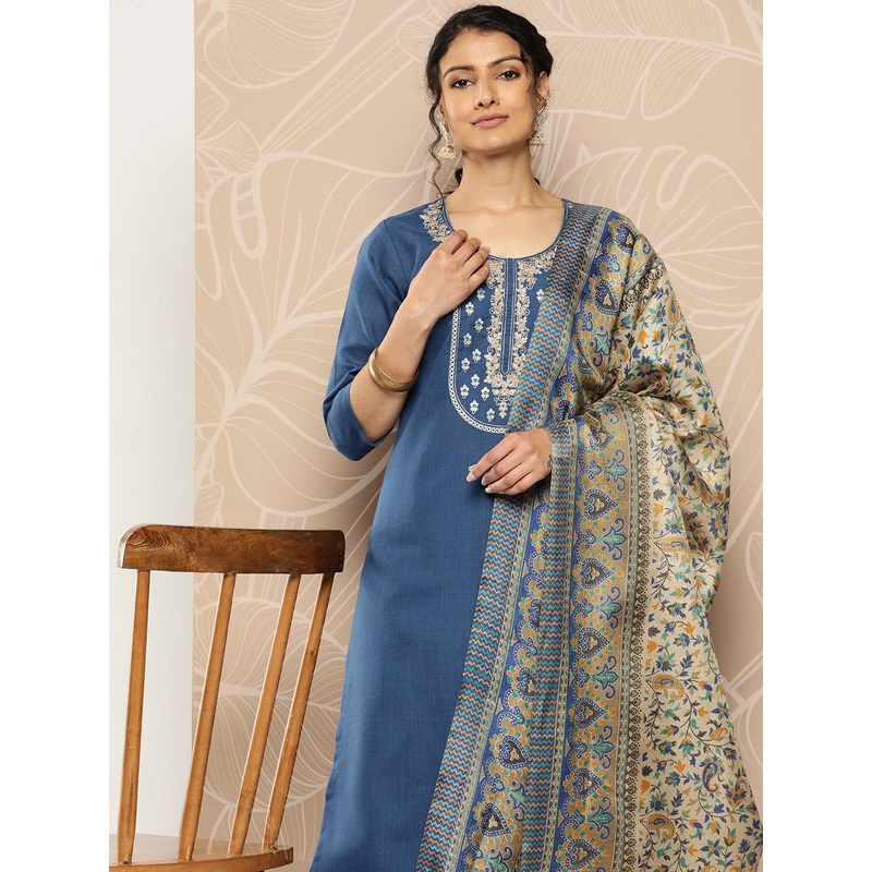 Varanga Blue Yoke Embroidered Kurta with Trouser and Dupatta