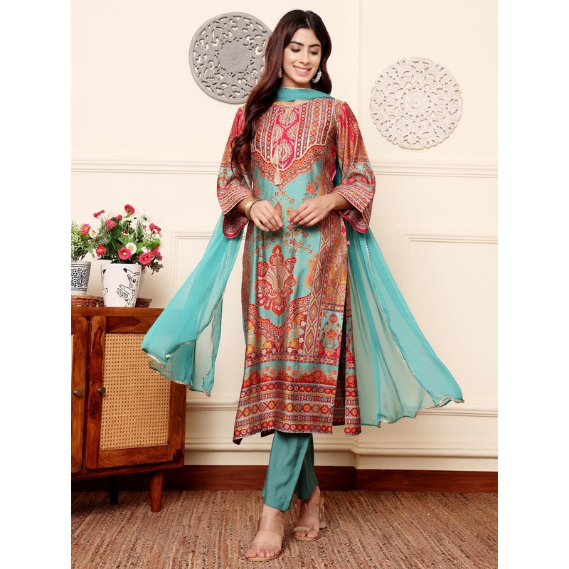 Varanga Ethnic Motifs Printed Chanderi Silk Kurta With Trousers And Dupatta