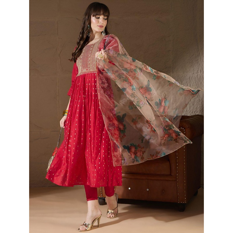 VredeVogel Floral Woven Design Sequinned Chanderi Silk Kurta With Leggings & Dupatta