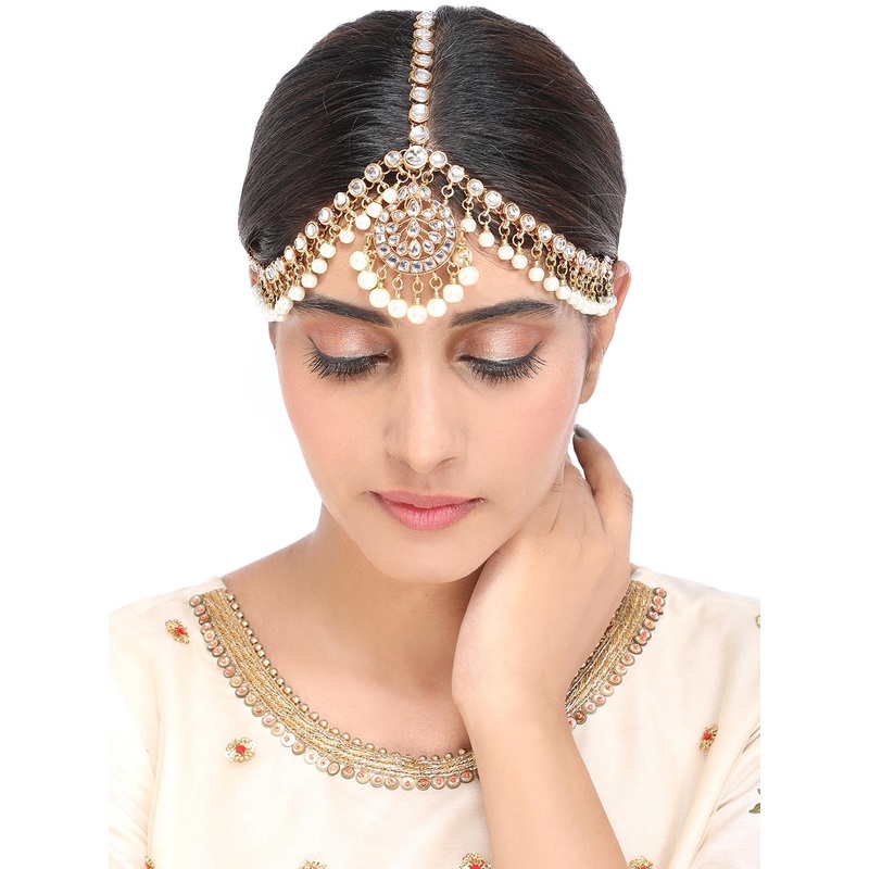 Yellow Chimes Gold-Plated White Kundan-Studded & Pearl Beaded Antique Bridal Maatha Patti