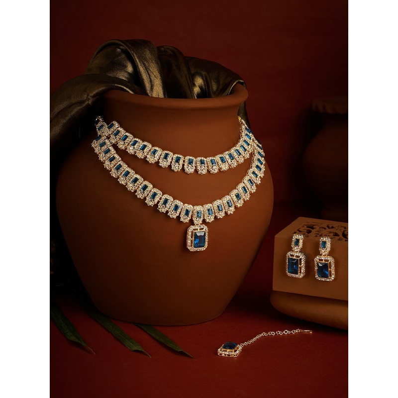 Zaveri Pearls Gold-Plated American Diamond Stone Studded Layered Jewellery Set