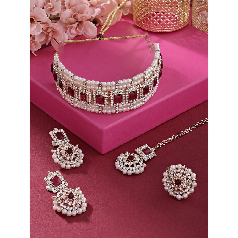 Zaveri Pearls Gold-Plated Stone-Studded Necklace & Earrings With Maangtika & Ring