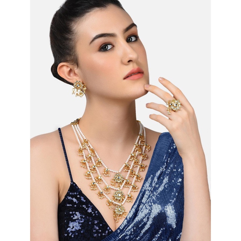 Zaveri Pearls Gold-Plated & White Kundan-Studded & Pearl Beaded Jewellery Set