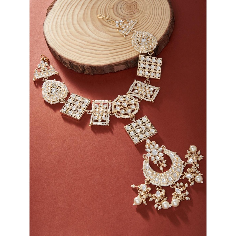 Zaveri Pearls Women Gold-Plated White Kundan-Studded & Pearl Beaded Maatha Patti