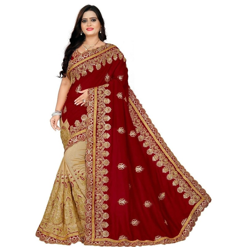 A.G.M.G FASHION Ethnic Motifs Embroidered Silk Blend Half and Half Saree