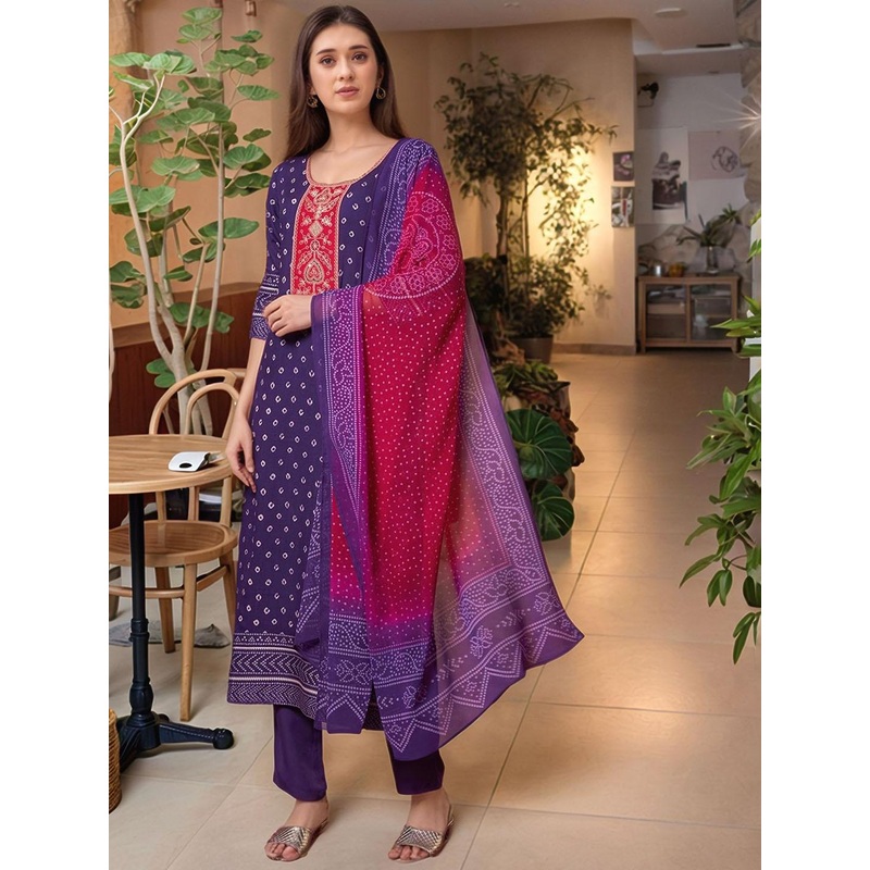 Aaghnya Bandhani Printed Thread Work Straight Kurta With Trousers & Dupatta