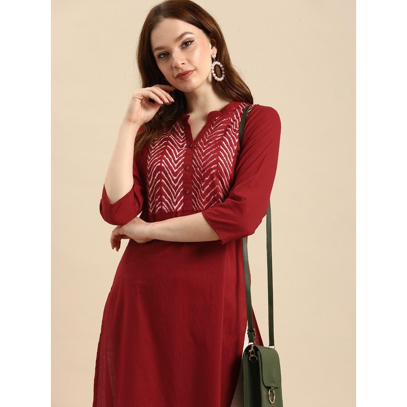 all about you Women Maroon Geometric Yoke Design Pure Cotton Kurta