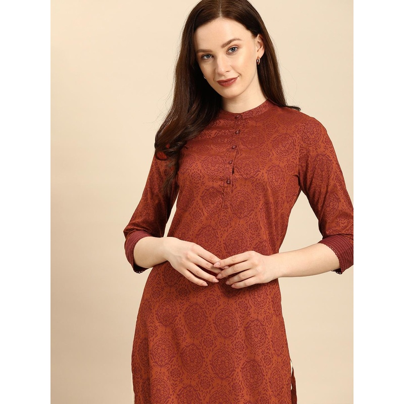 all about you Women Rust Brown Ethnic Motifs Printed Straight Kurta