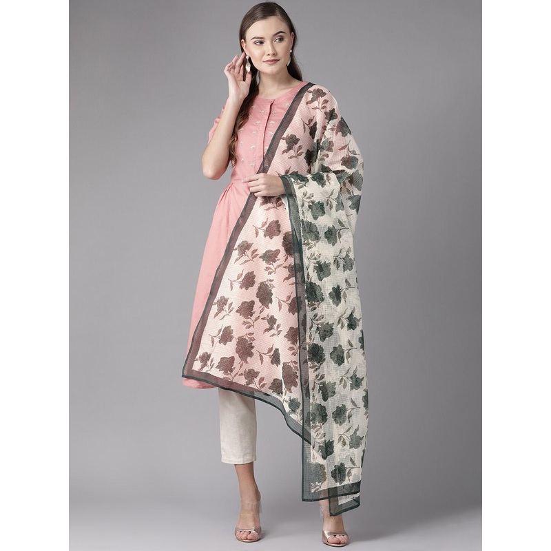 anayna Green & Beige Printed Block Print Dupatta