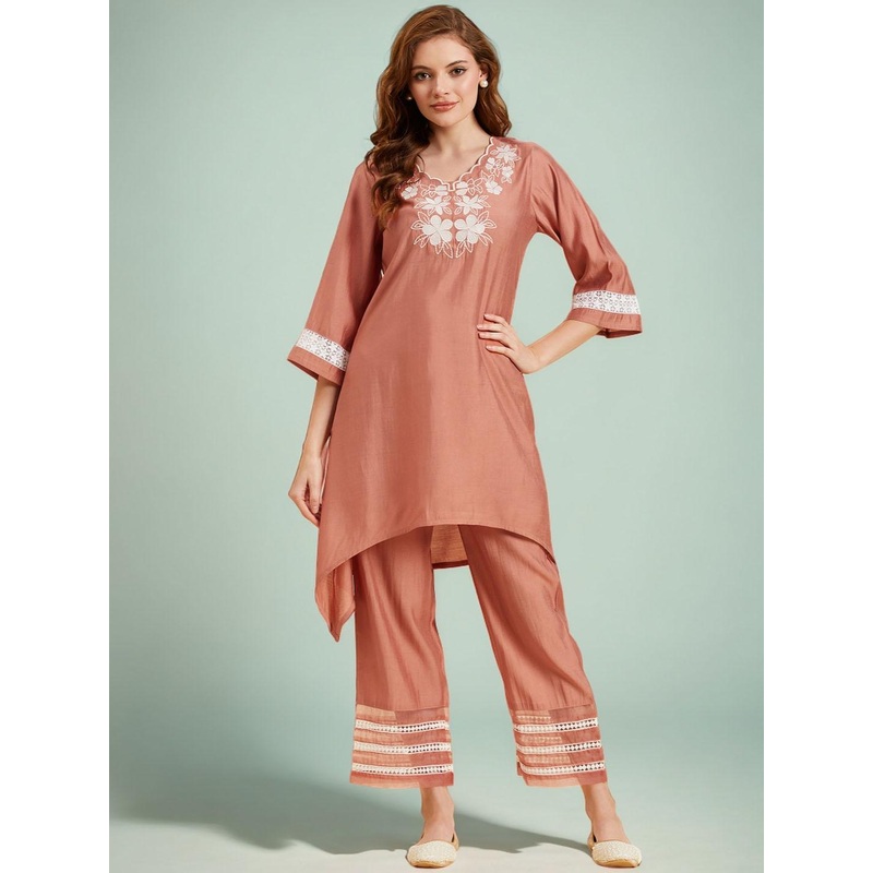 Azira Floral Embroidered V-Neck Tunic With Trousers